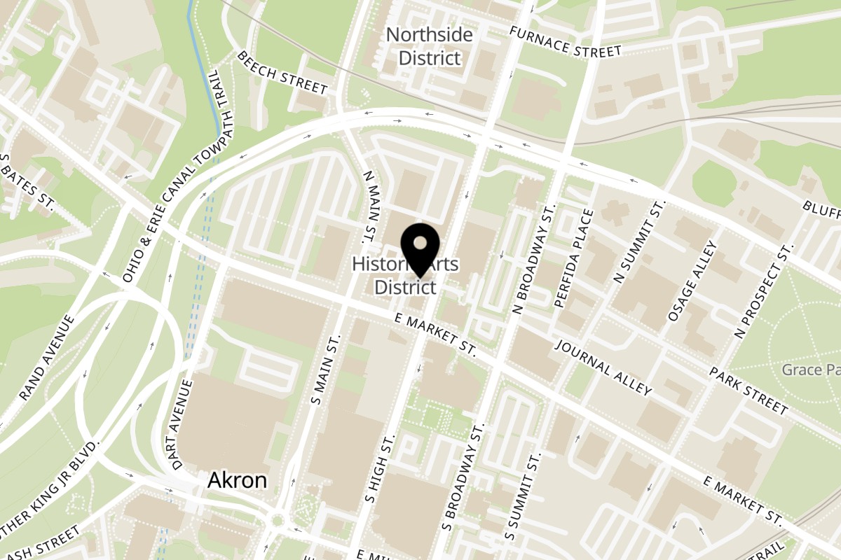 Map showing the location of Totally Baked Pizza Akron on 18 North High Street in Akron