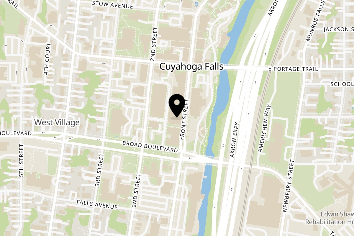 Map showing the location of Totally Baked Pizza COMING SOON - Cuyahoga Falls on 2052 Front Street in Cuyahoga Falls